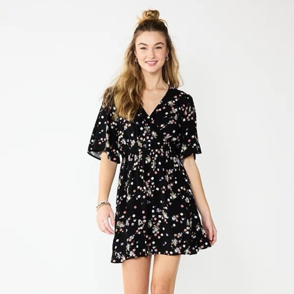 Kohl’s Rewind Black Floral Faux Wrap Dress – Brand New with Tags